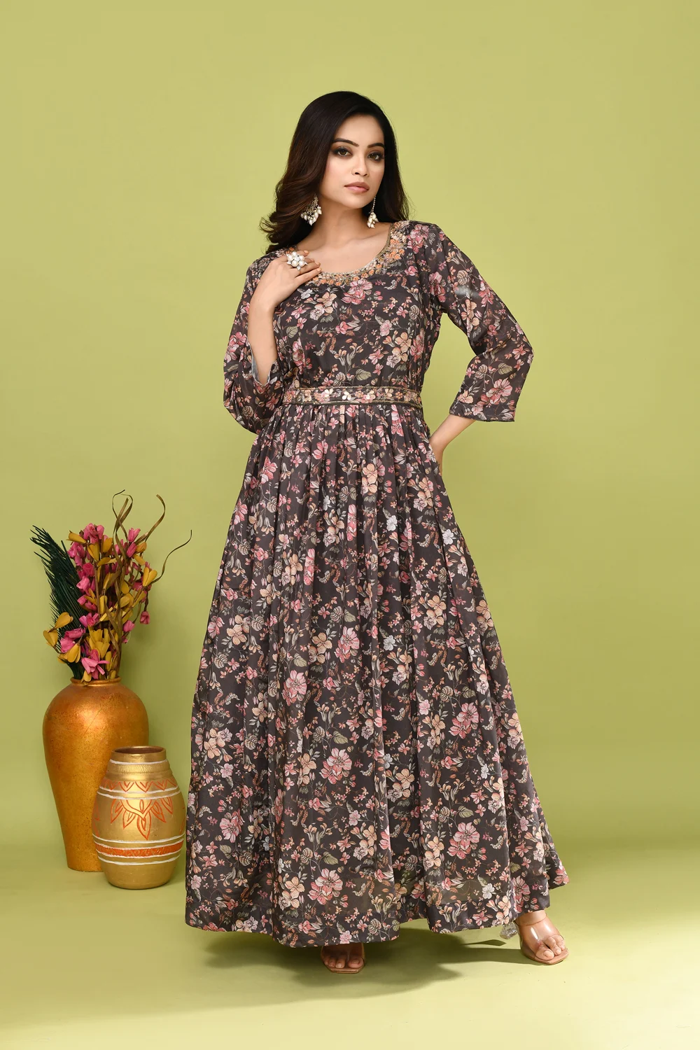 Grey Chinnon Embroidered Long Gown