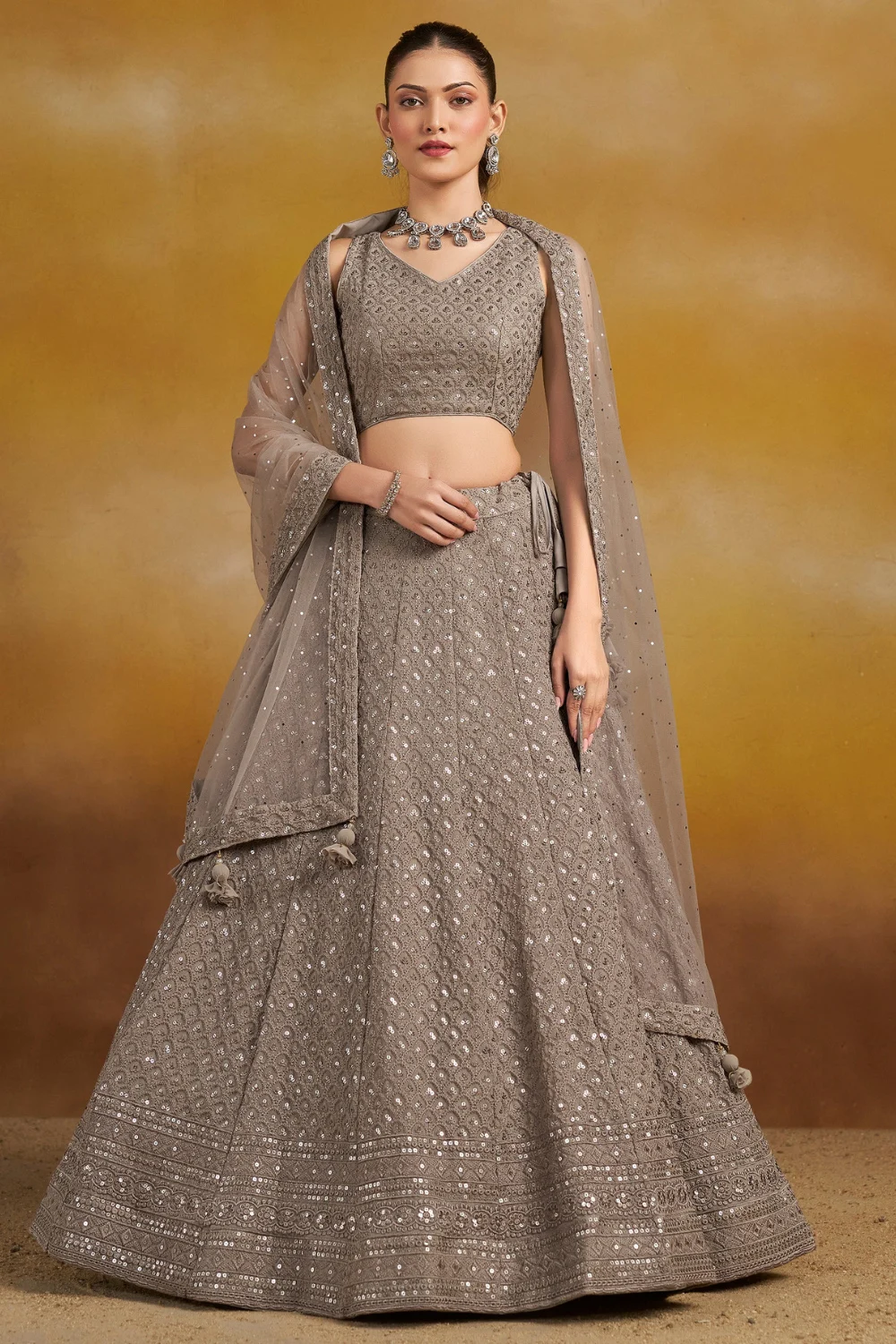 Grey Georgette Sequins Embroidered Party Lehenga