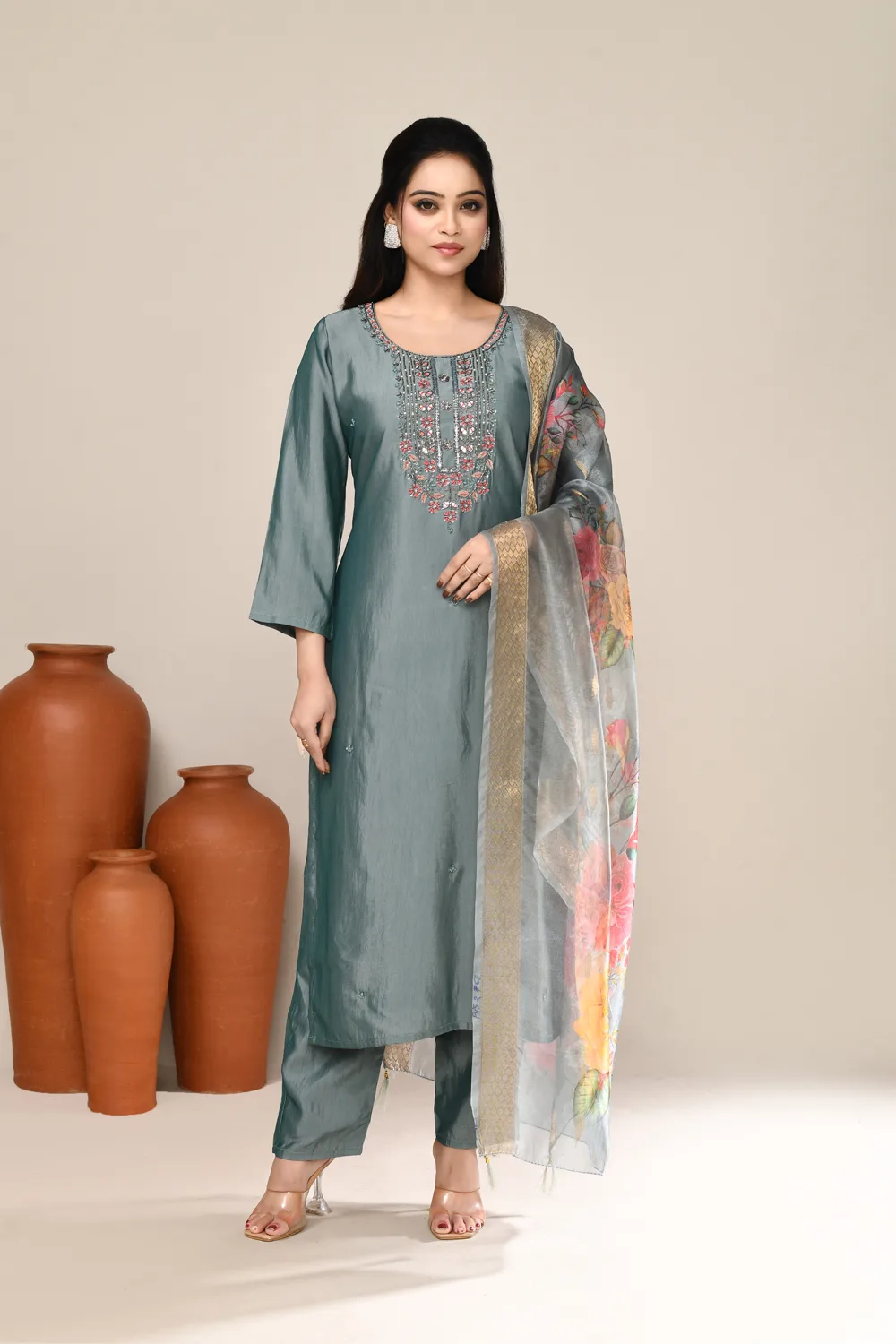Grey Satin Embroidered Kurta Set