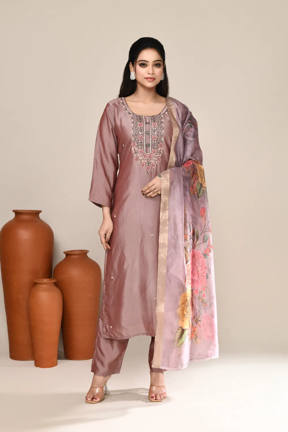 Lavender Satin Festive Wear Kurta Set