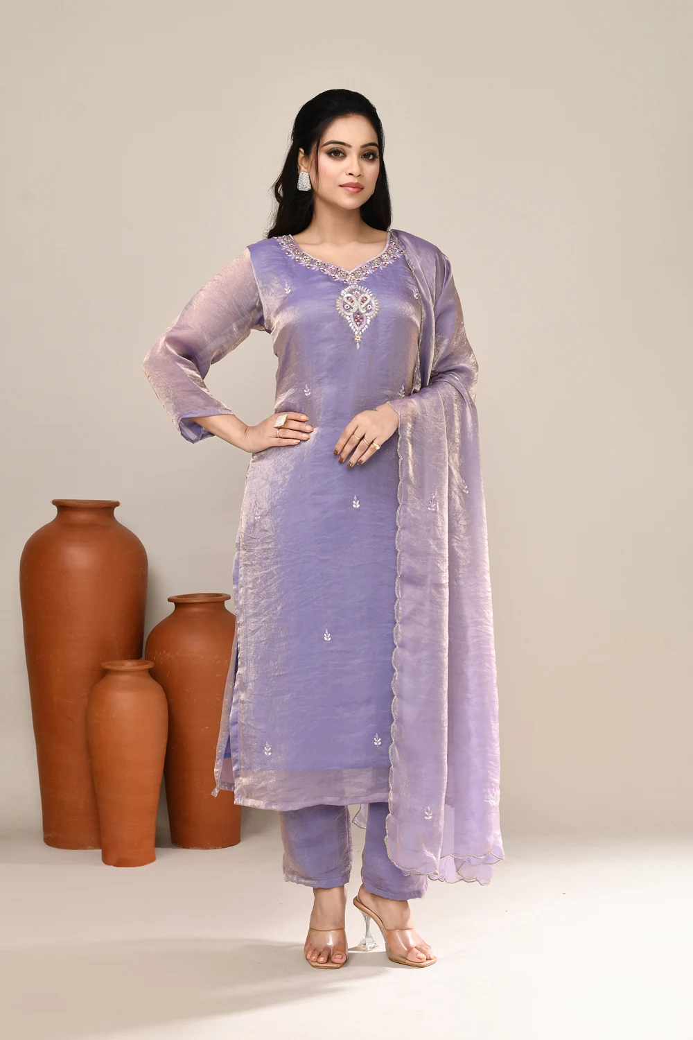 Lavender Satin Party Wear Kurta Set