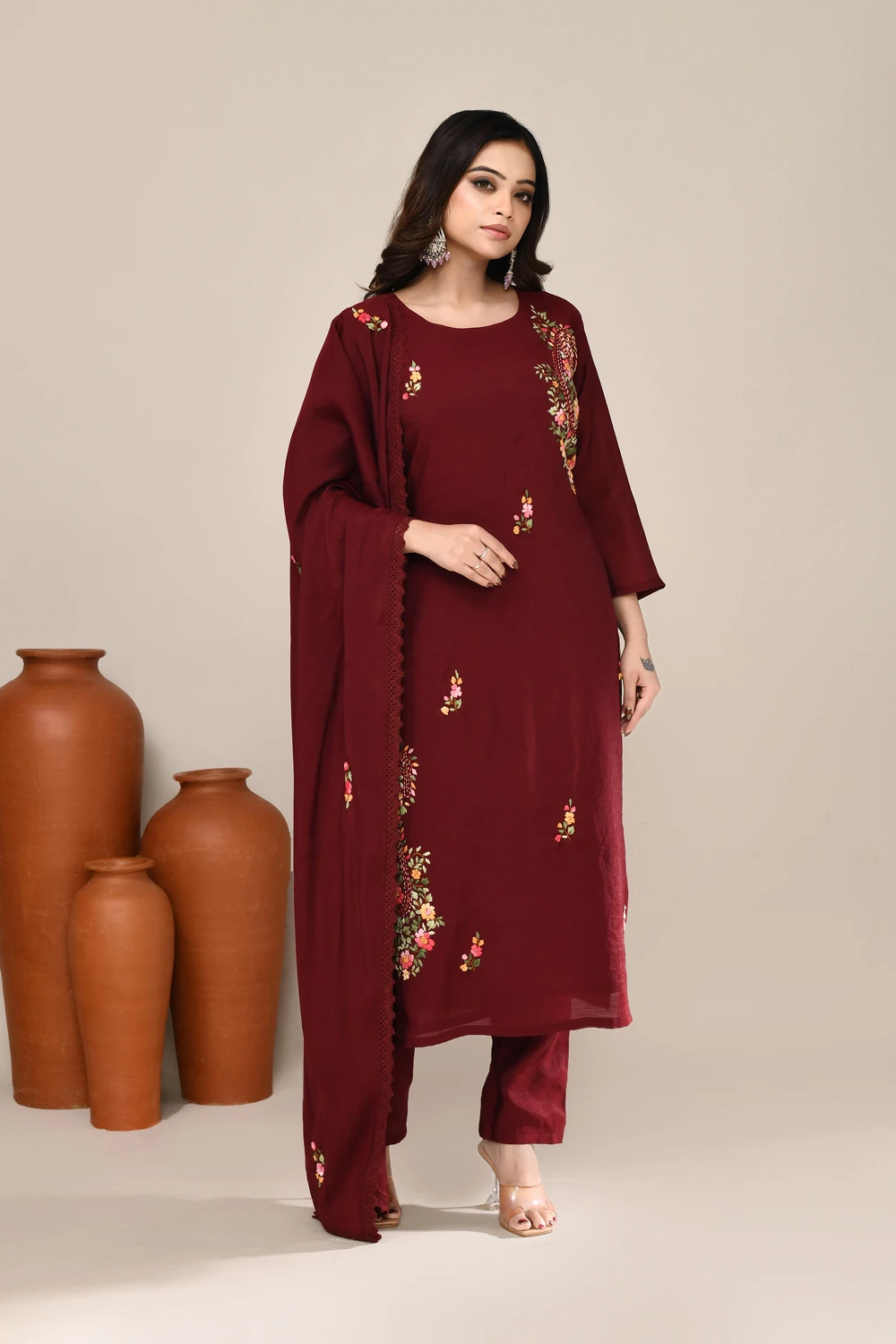 Maroon Chanderi Embroidered Kurta Set