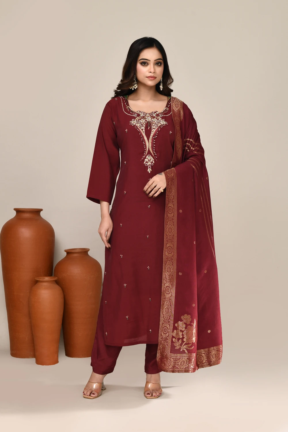 Maroon Chanderi Festive Wear Kurta Set