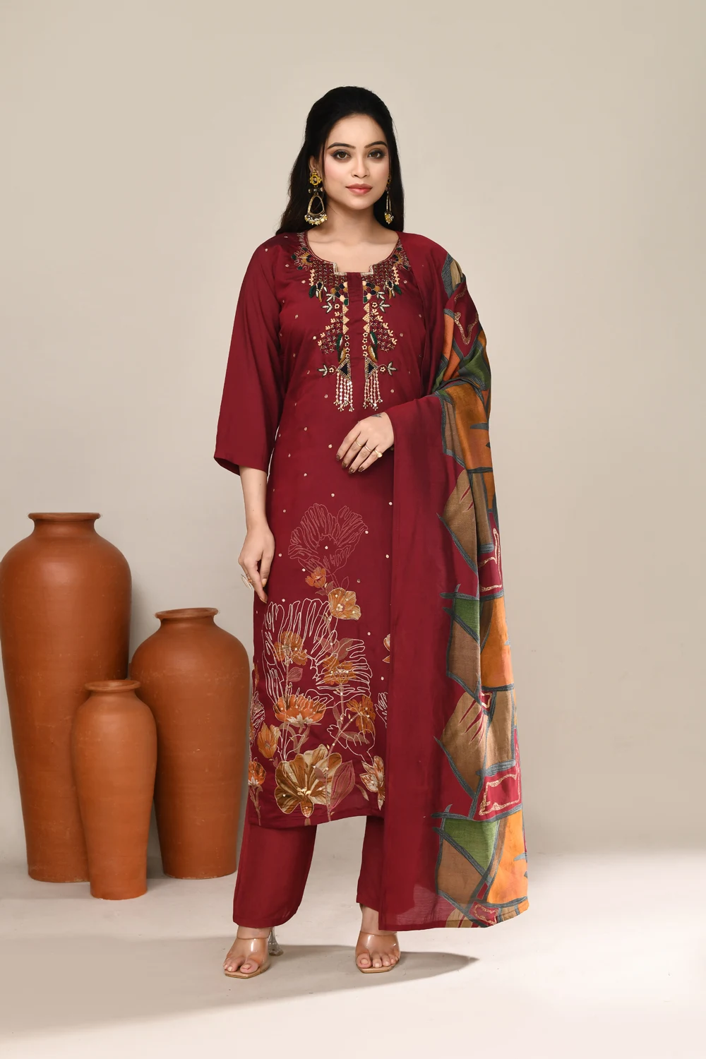 Maroon Chanderi Festive Wear Kurta Set