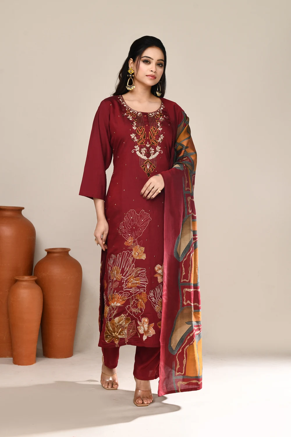 Maroon Chanderi Party Wear Kurta Set