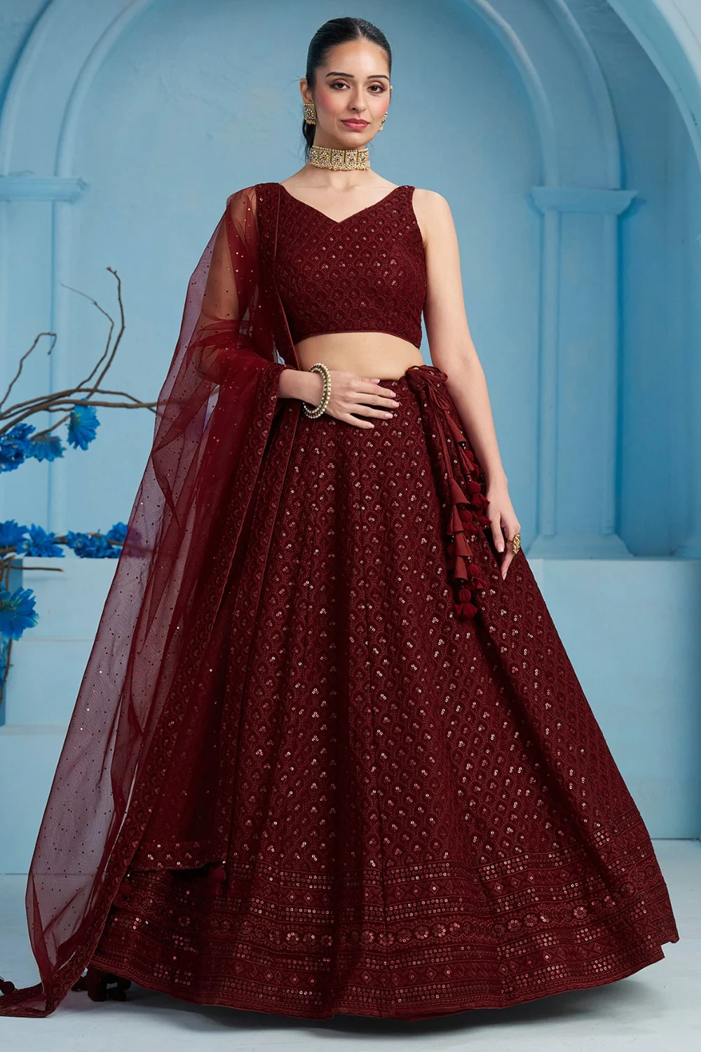 Maroon Georgette Sequins Embroidered Party Lehenga