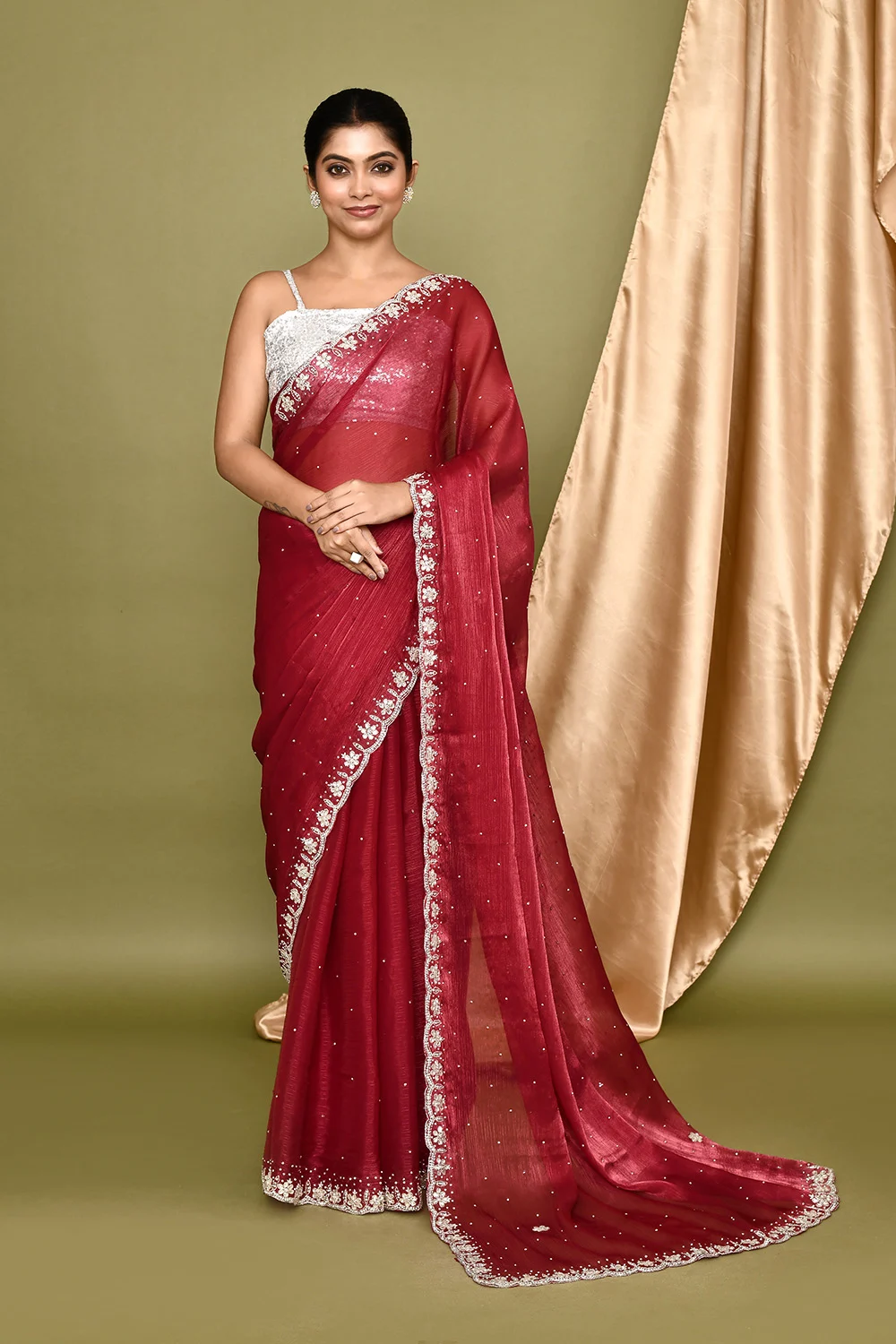 Maroon Organza Party Wear Saree