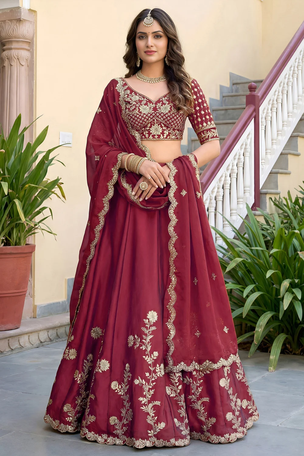 Maroon Silk Zari & Dori Embroidered Lehenga Set