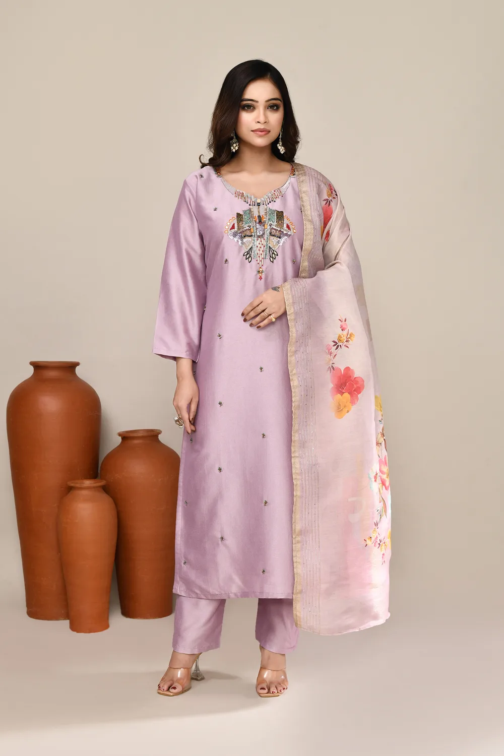 Mauve Satin Embroidered Kurta Set
