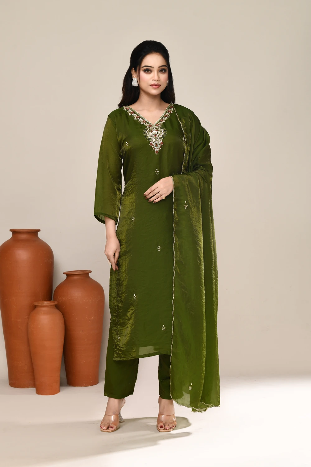 Mehendi Green Satin Designer Kurta Set