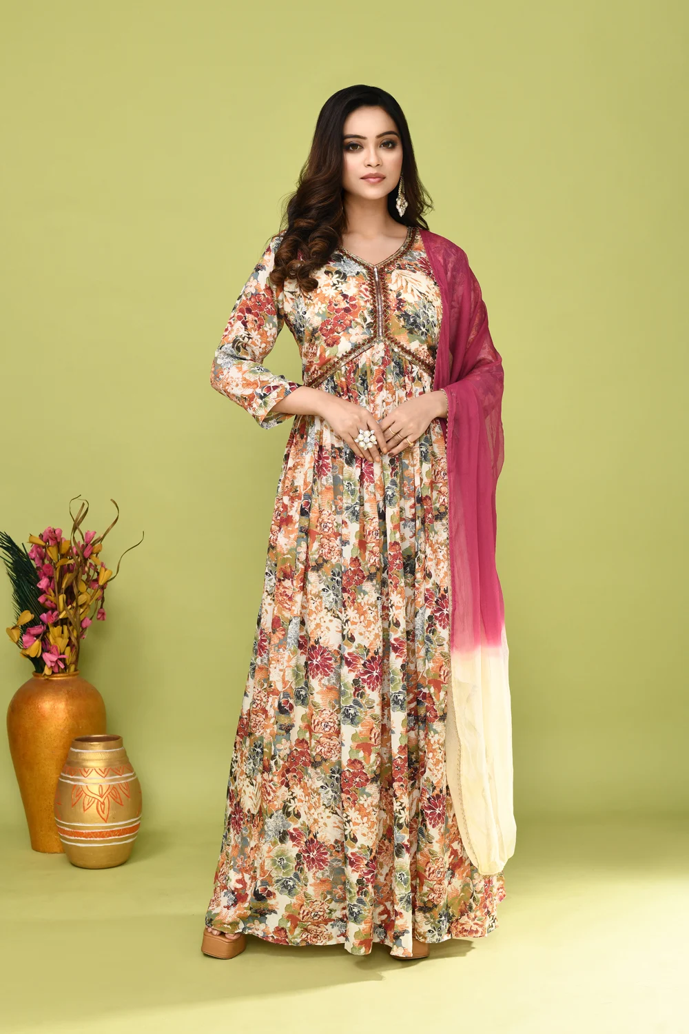 Multicolour Chinnon Party Wear Long Gown