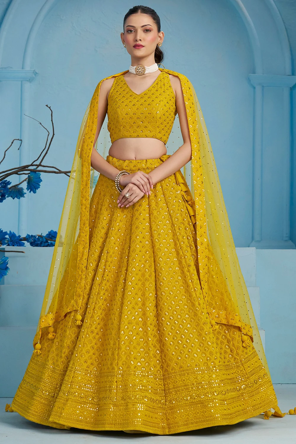 Mustard Georgette Sequins Embroidered Party Lehenga