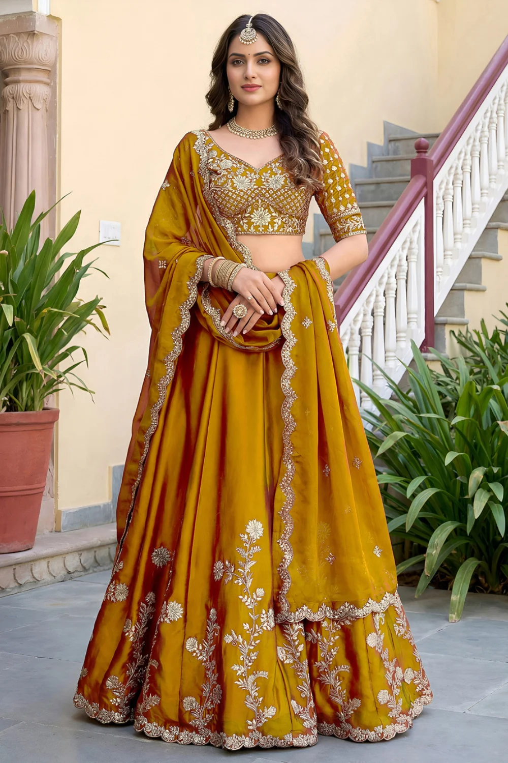 Mustard Silk Zari & Dori Embroidered Lehenga Set
