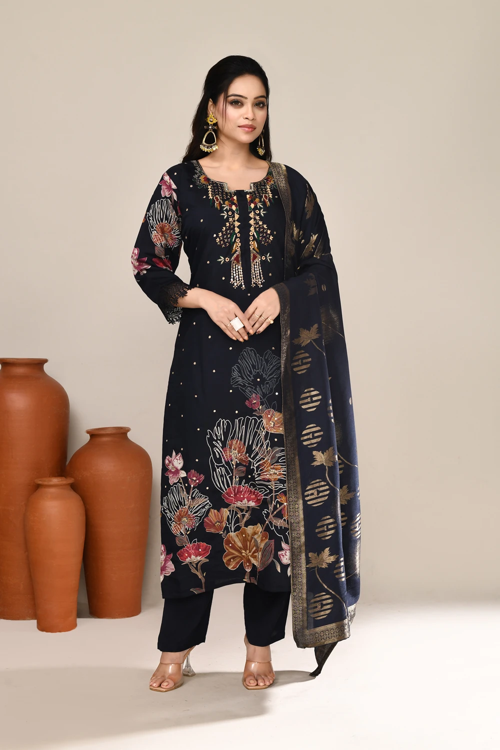 Navy Blue Chanderi Festive Kurta
