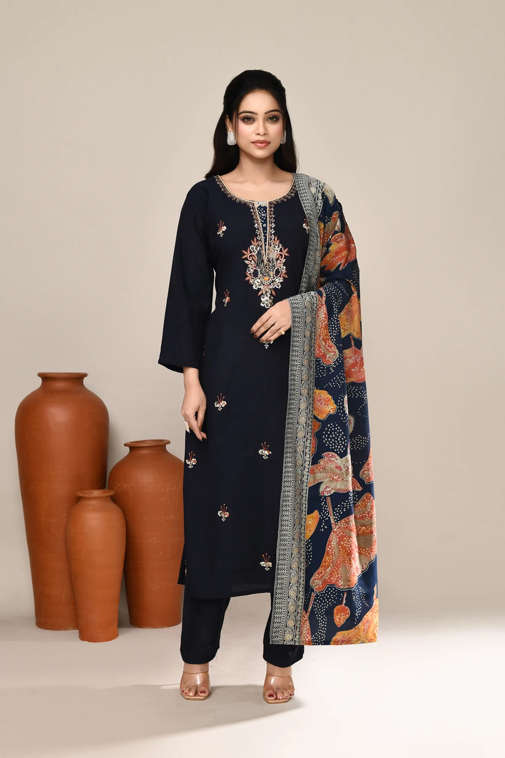 Navy Blue Satin Festive Kurta Set