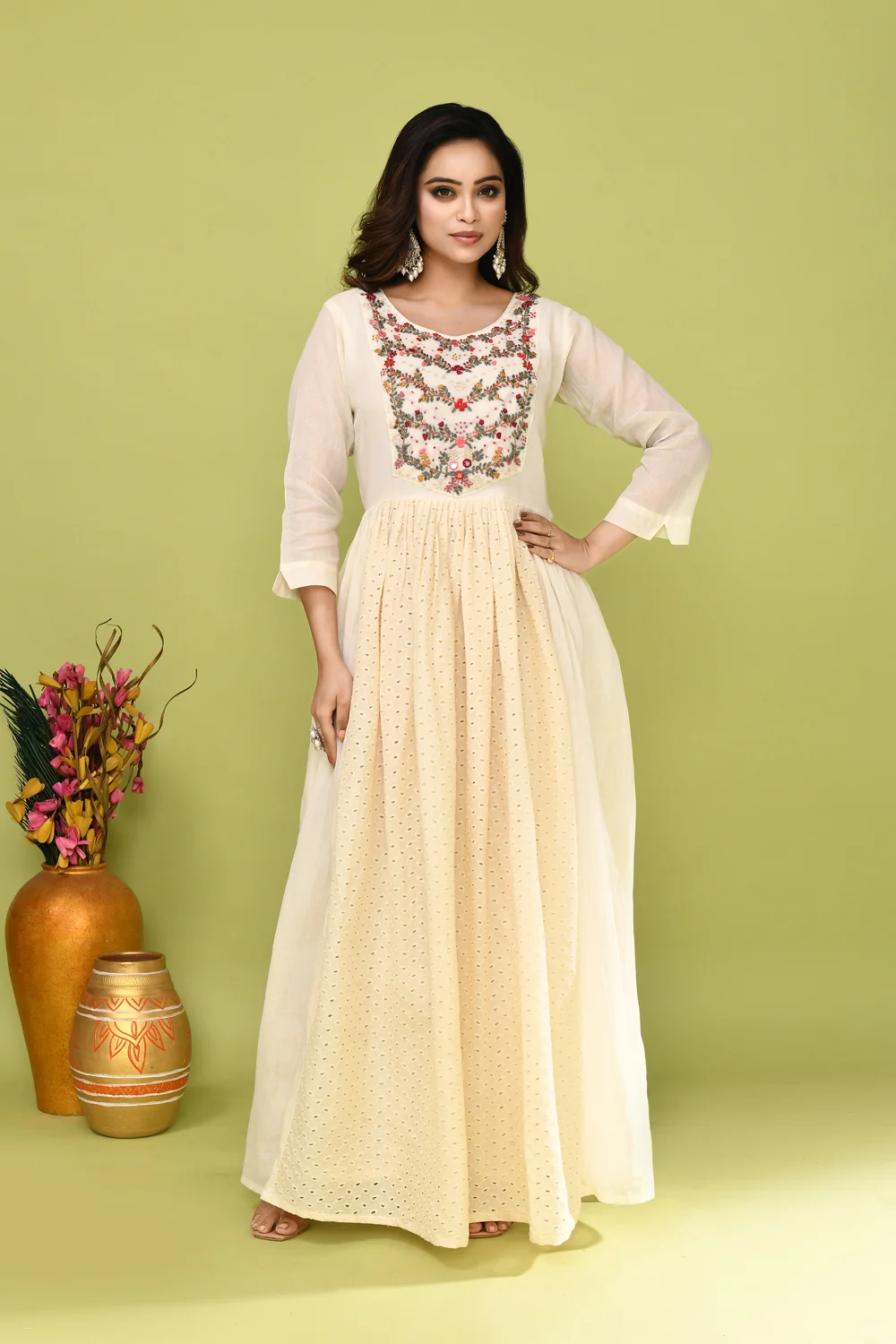 Off White Cotton Beaded Long Gown