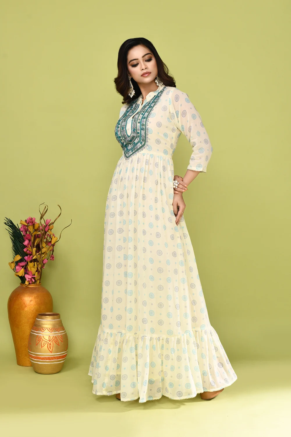 Off White Cotton Designer Long Gown