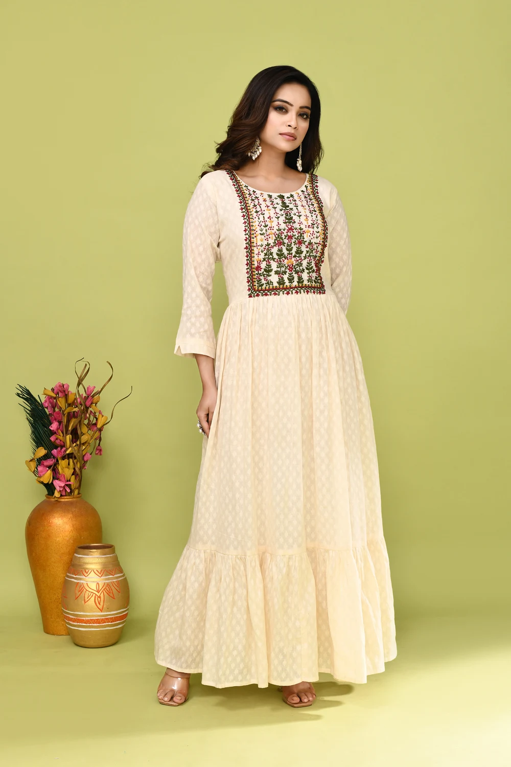 Off White Cotton Embroidered Gown