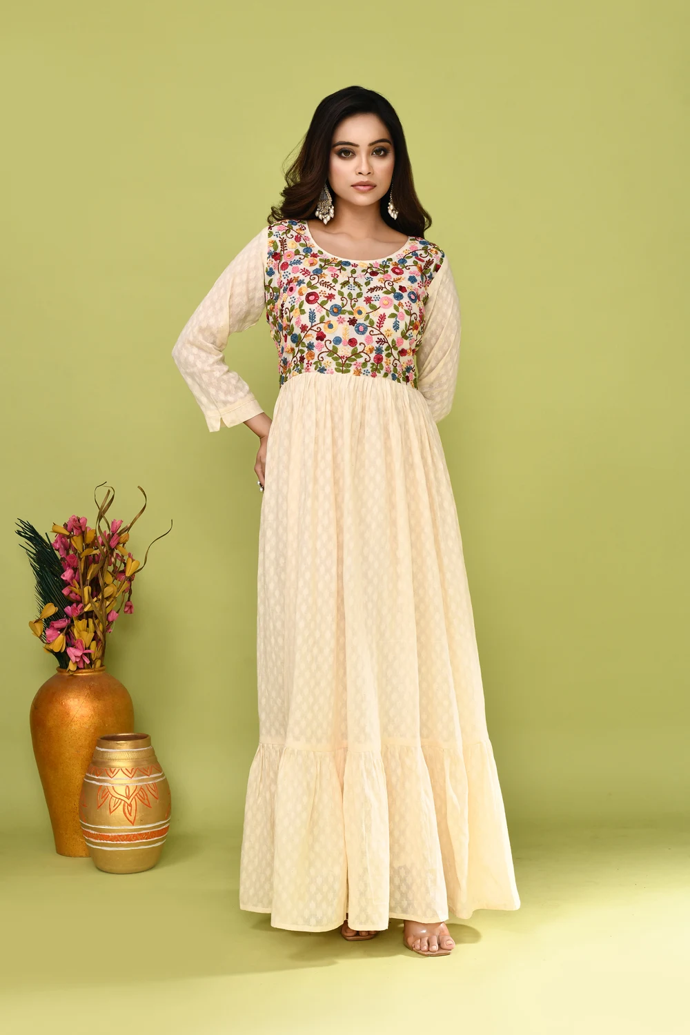 Off White Cotton Embroidered Gown