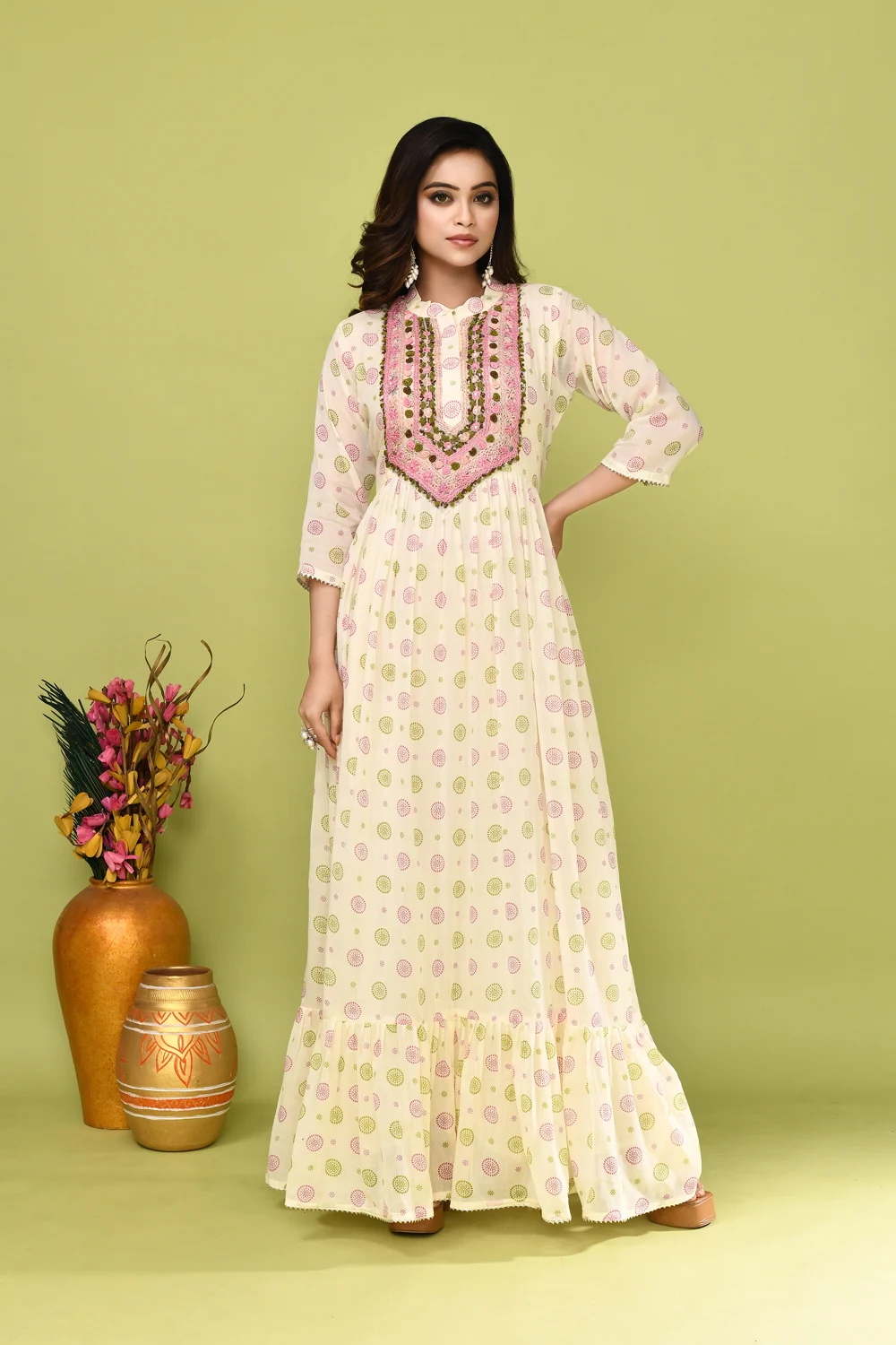 Off White Cotton Festive Long Gown