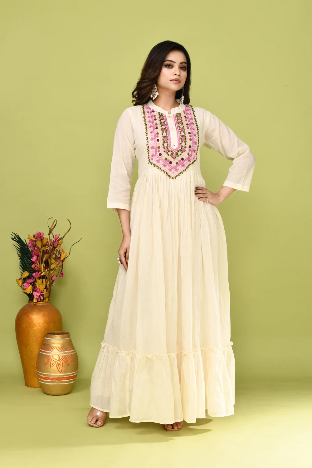 Off White Cotton Party Wear Long Gown