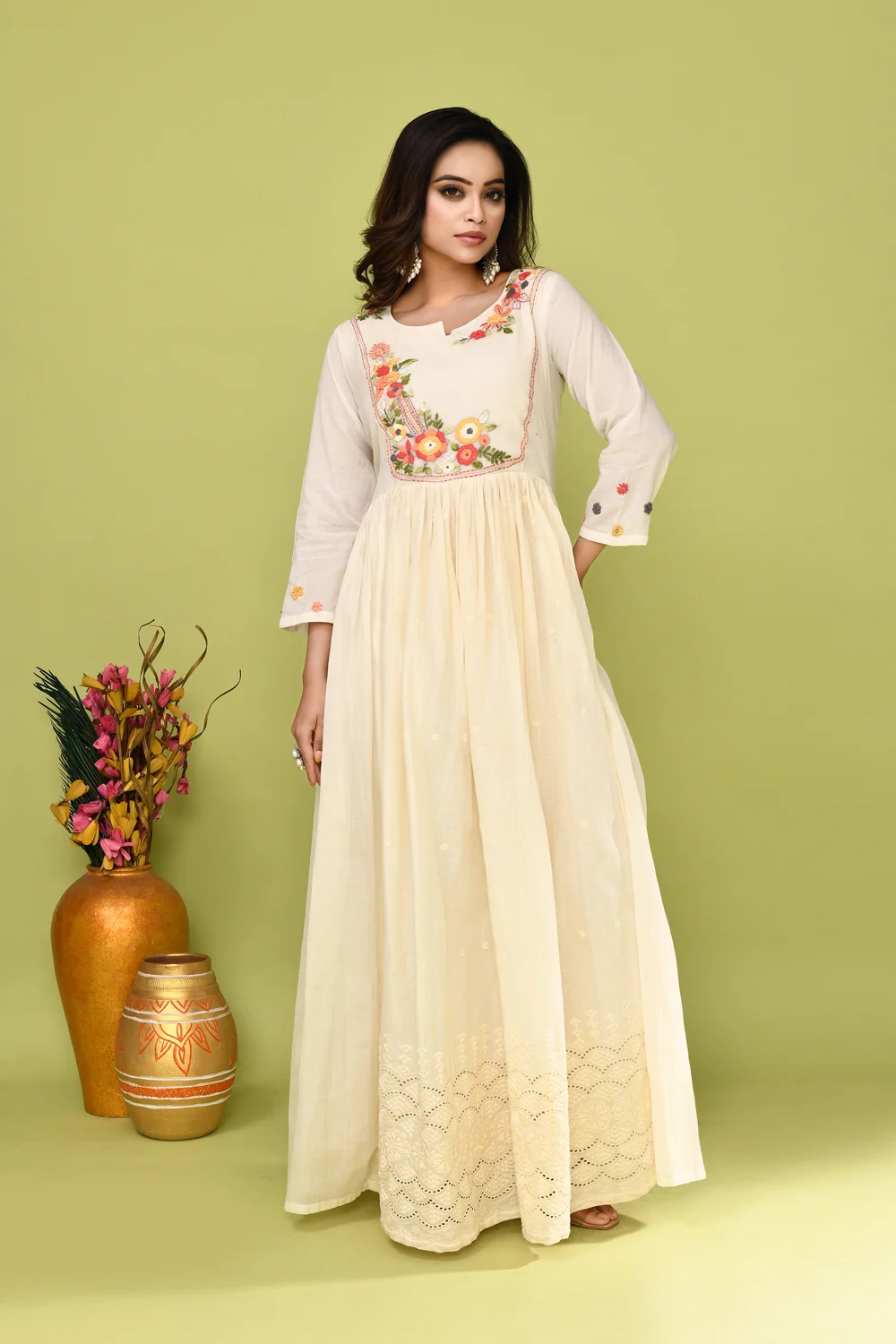 Off White Cotton Resham Long Gown