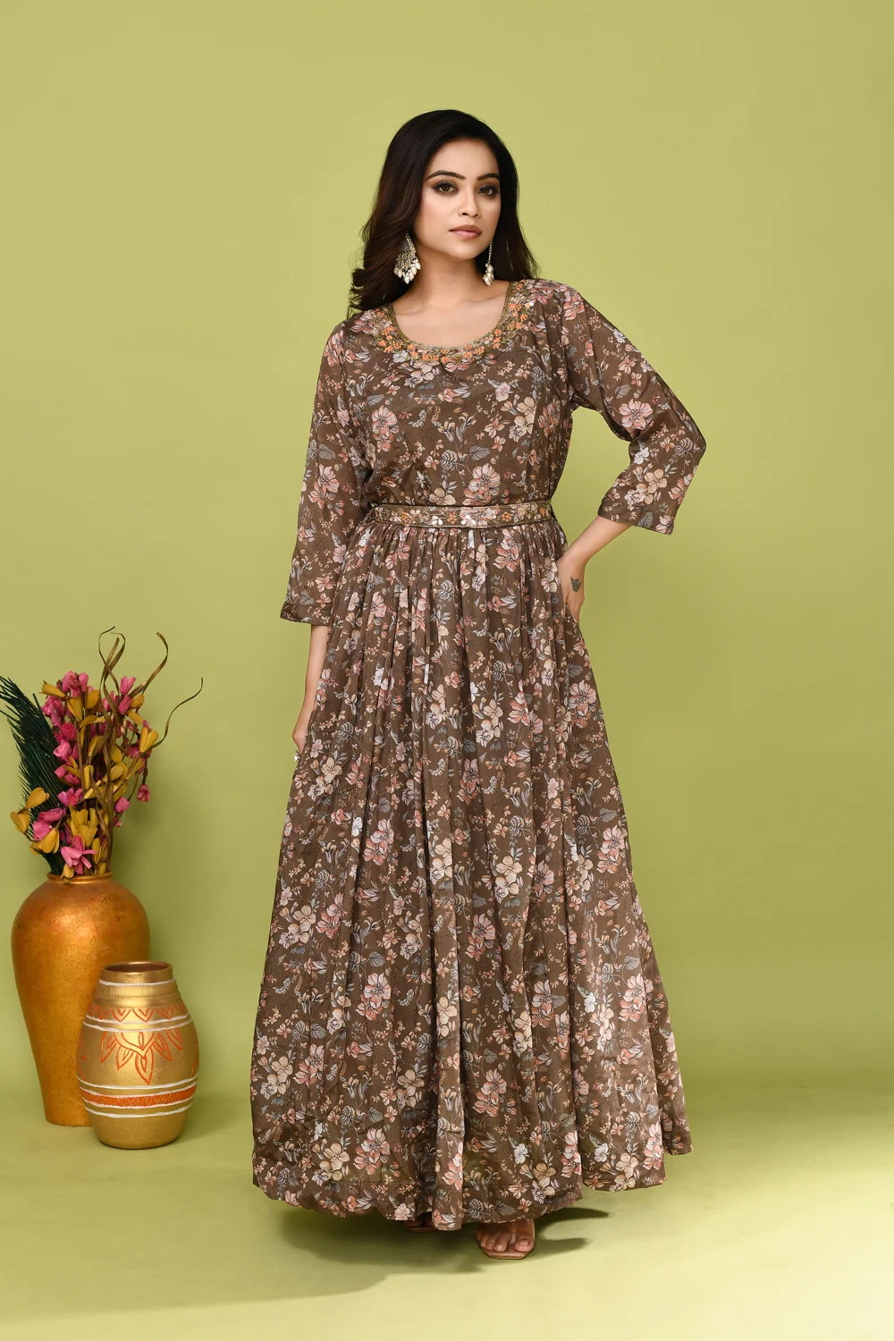 Olive Chinnon Embroidered Long Gown