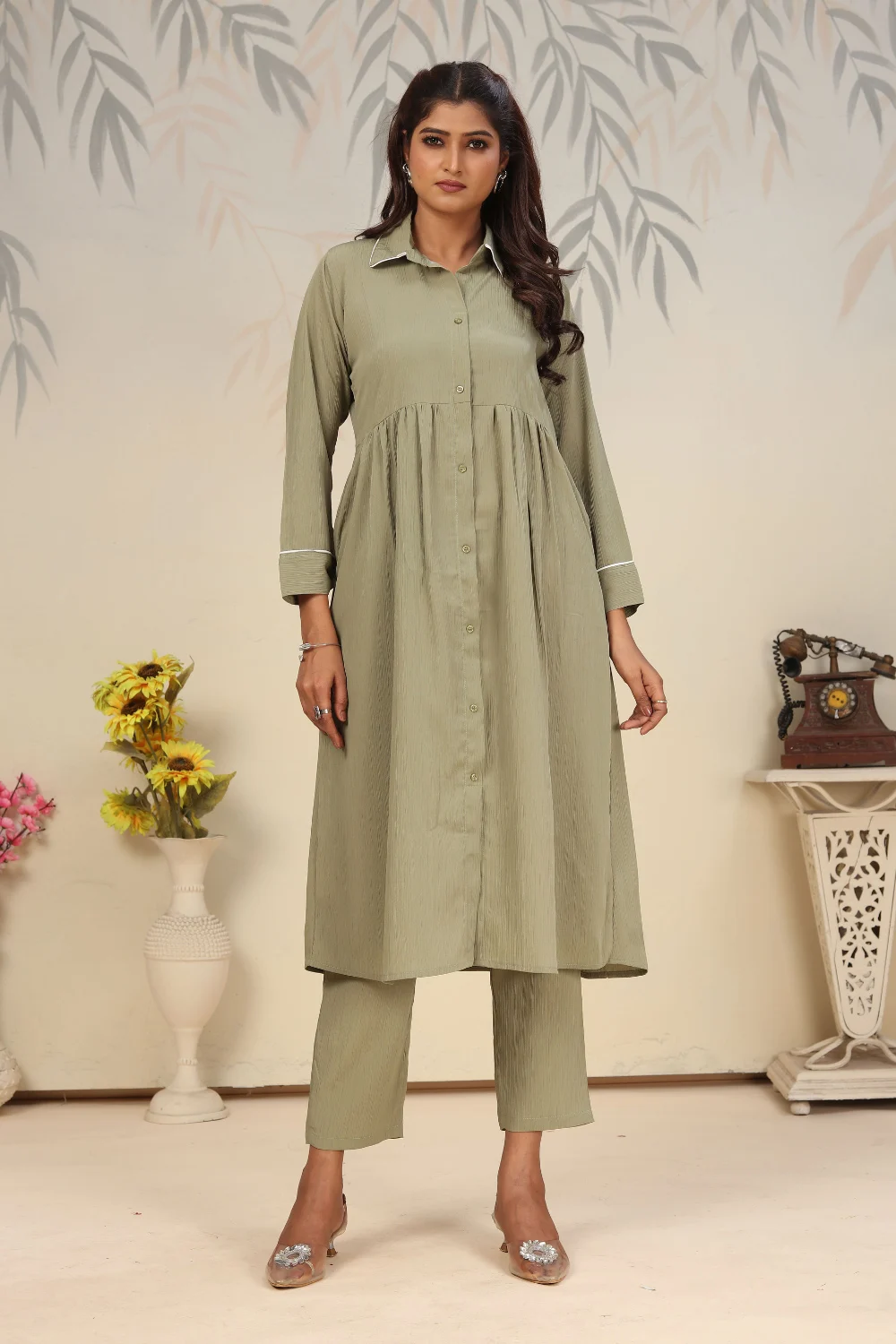 Olive Cotton Kurti Set for Festive Ethnic Wear