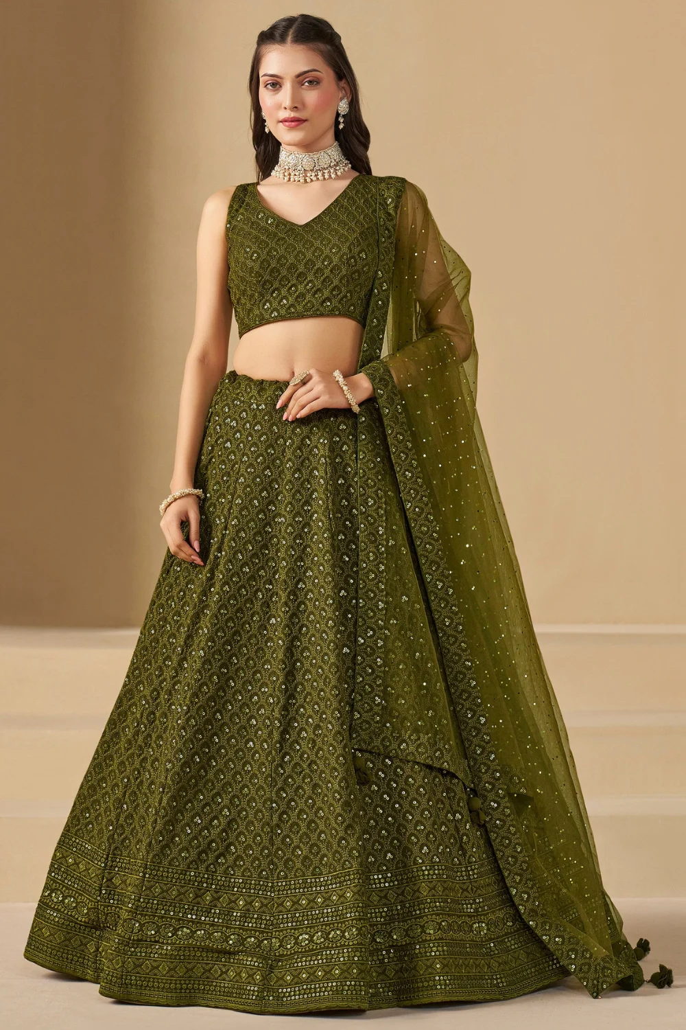 Olive Georgette Embroidered Party Lehenga
