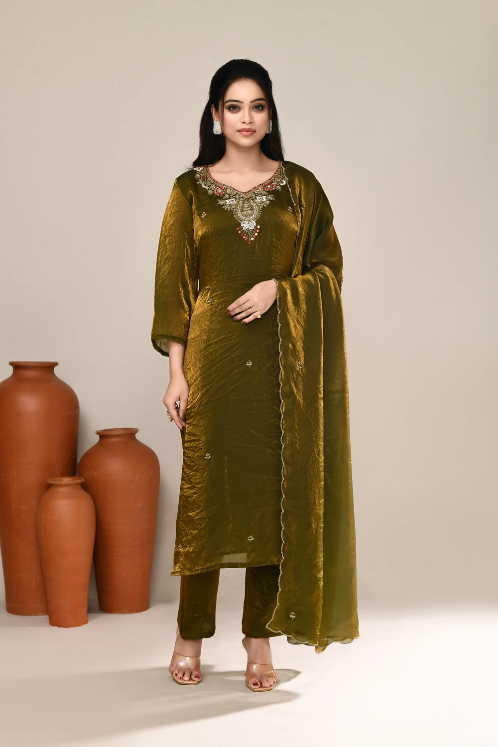 Olive Shimmer Embroidered Kurta Set