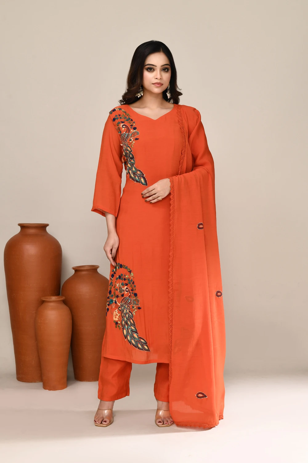 Orange Chanderi Embroidered Kurta Set