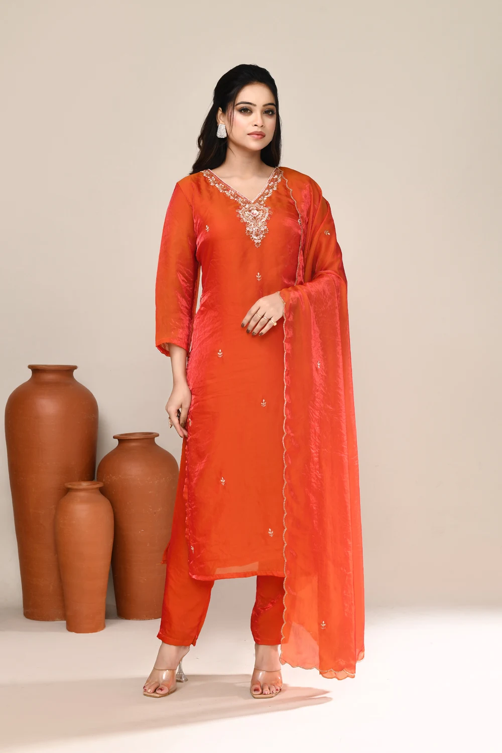 Orange Satin Embroidered Kurta Set
