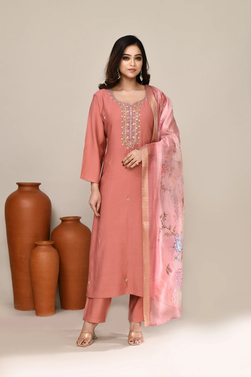 Peach Cotton Festive Wear Kurta Set