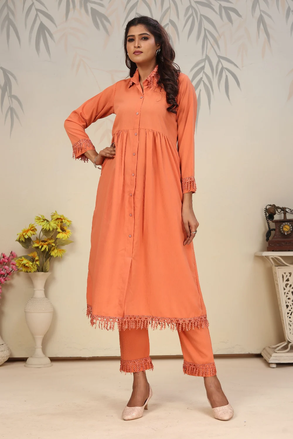 Peach Cotton Kurti Set for Festive Casual Wear