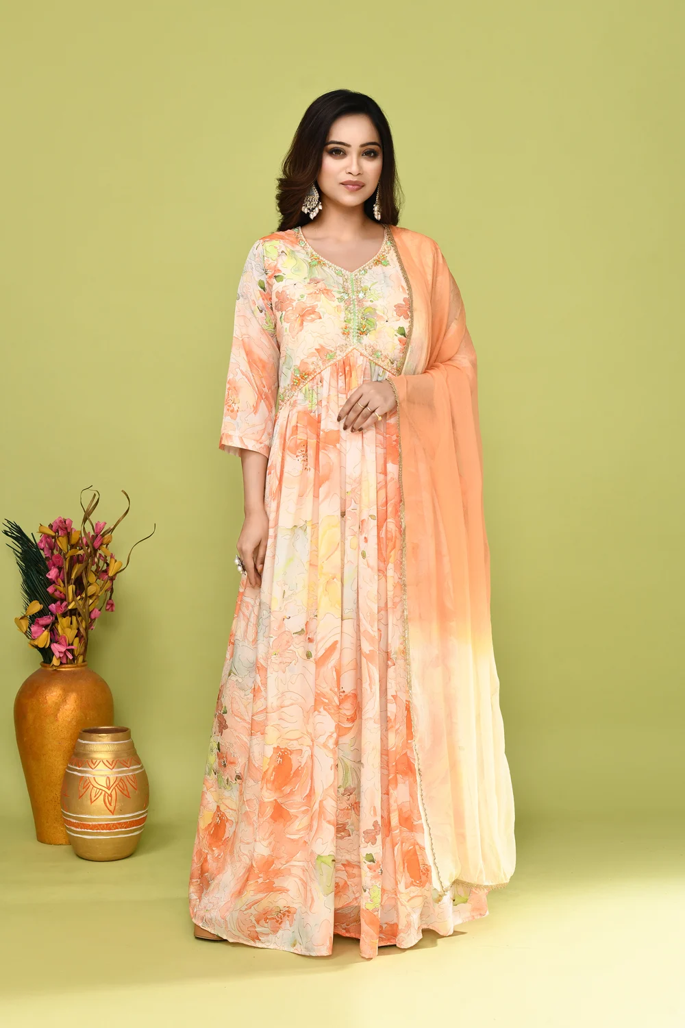 Peach Multicolour Chinnon Long Gown