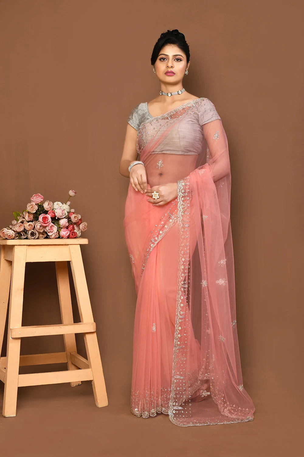 Peach Net Designer Saree
