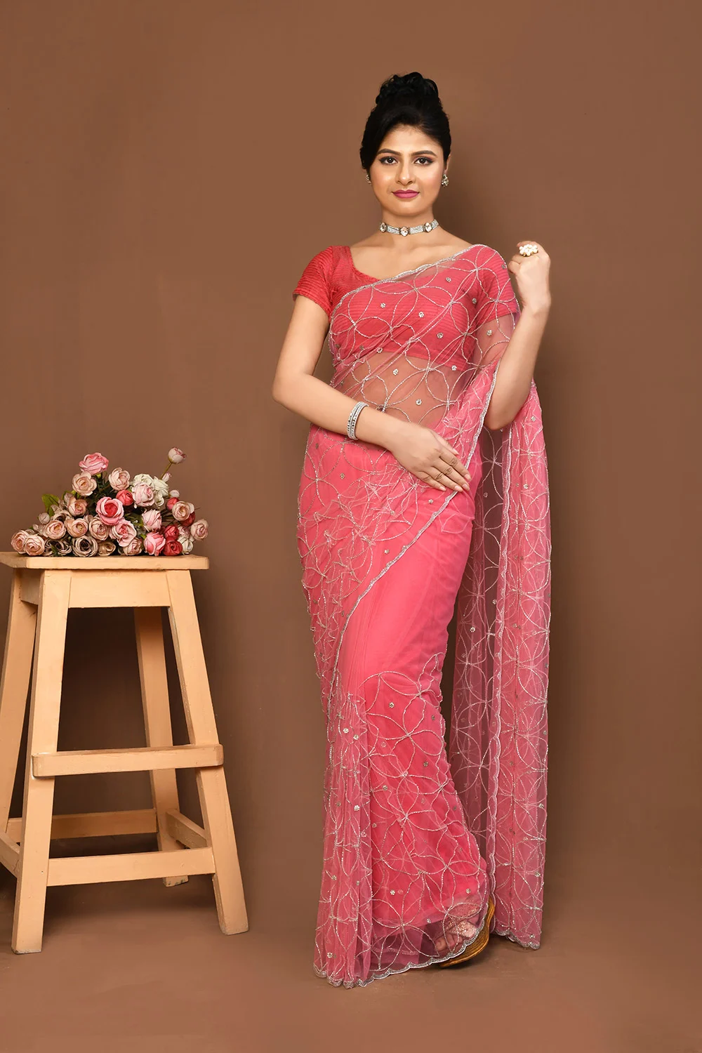 Peach Net Party Wear Saree