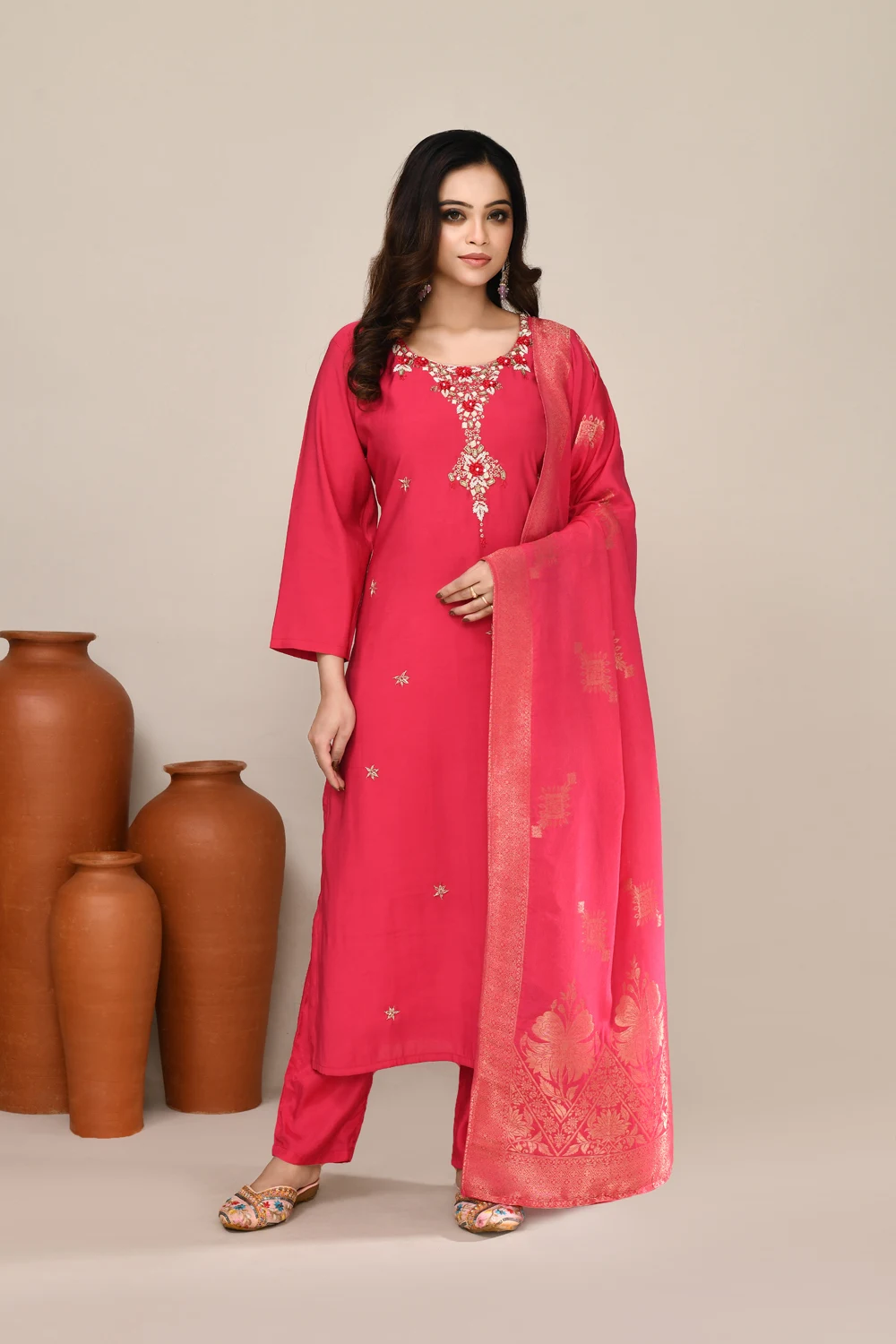 Pink Chanderi Embroidered Kurta Set