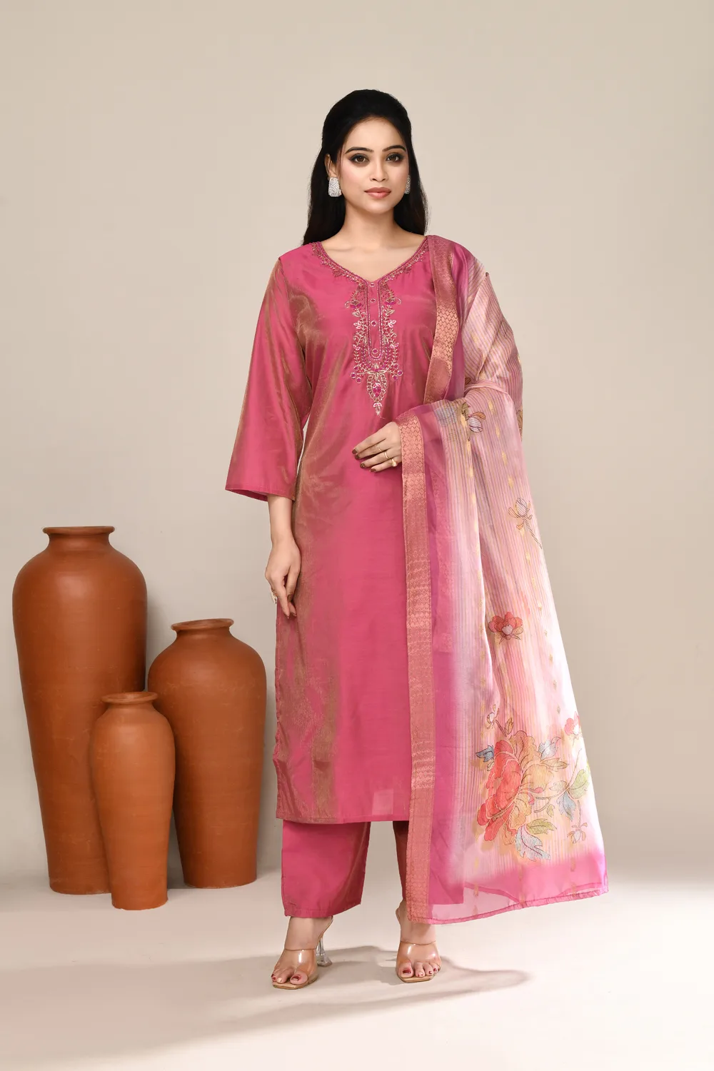 Pink Cotton Embroidered Kurta Set