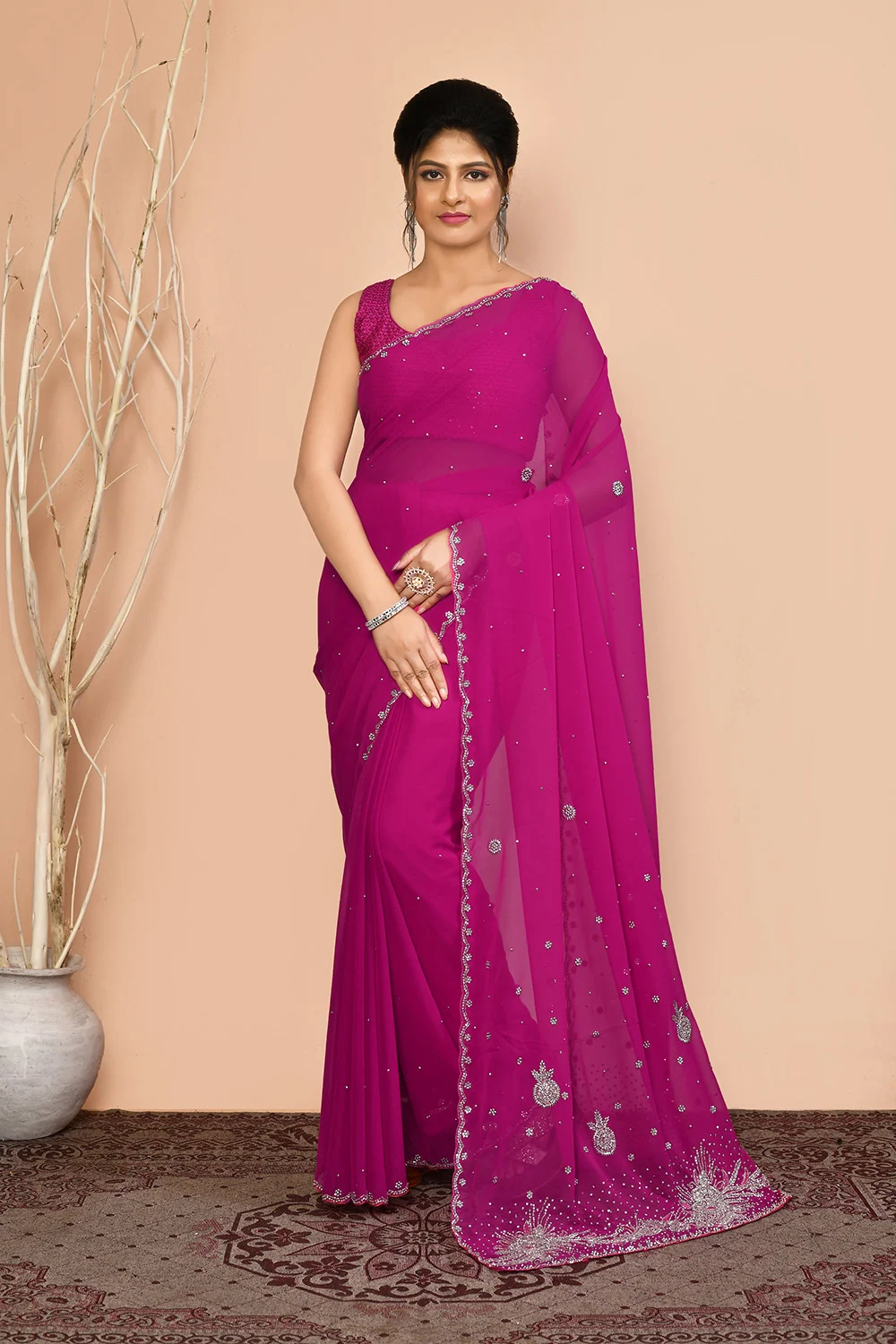 Pink Georgette Embellished Saree