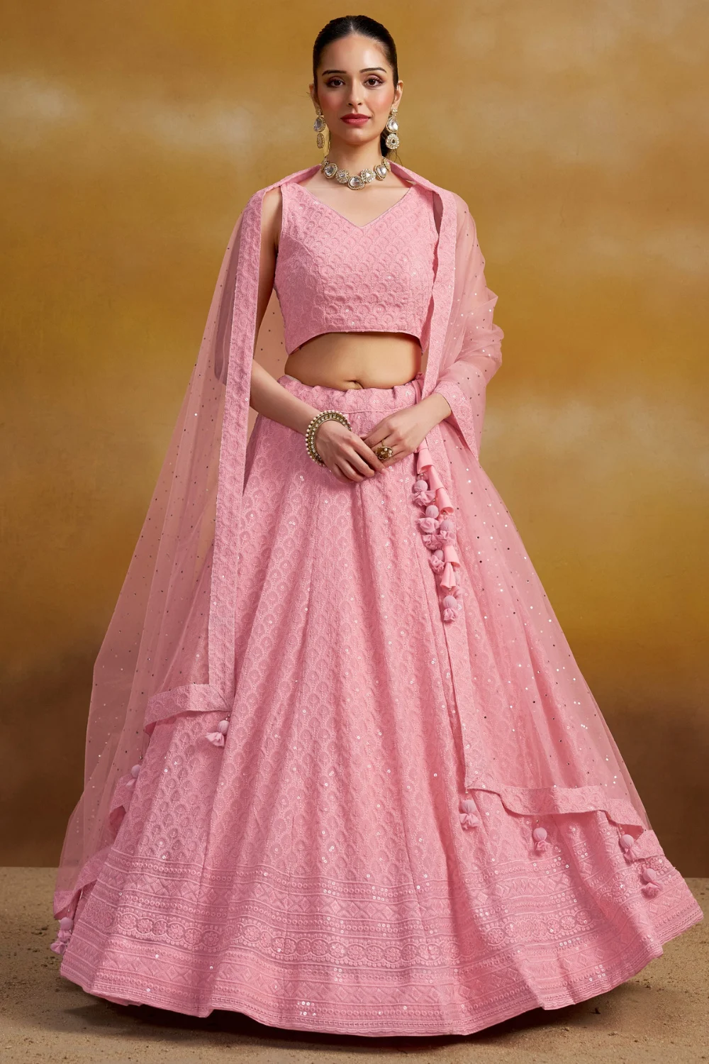 Pink Georgette Sequins Embroidered Party Lehenga