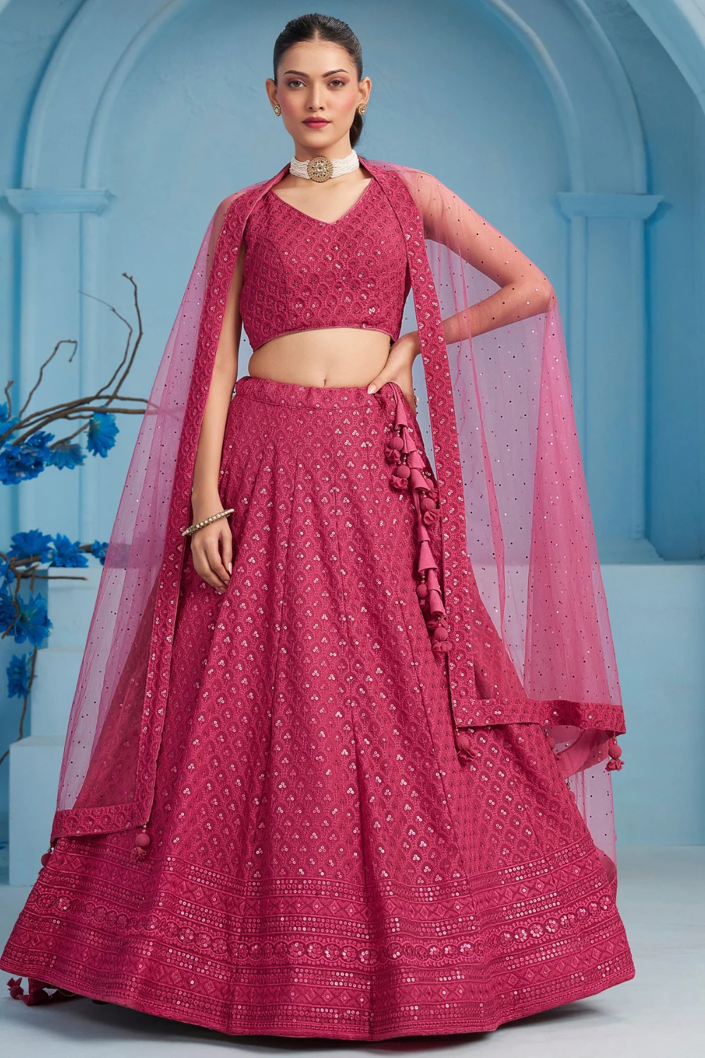 Pink Georgette Sequins Embroidered Party Lehenga