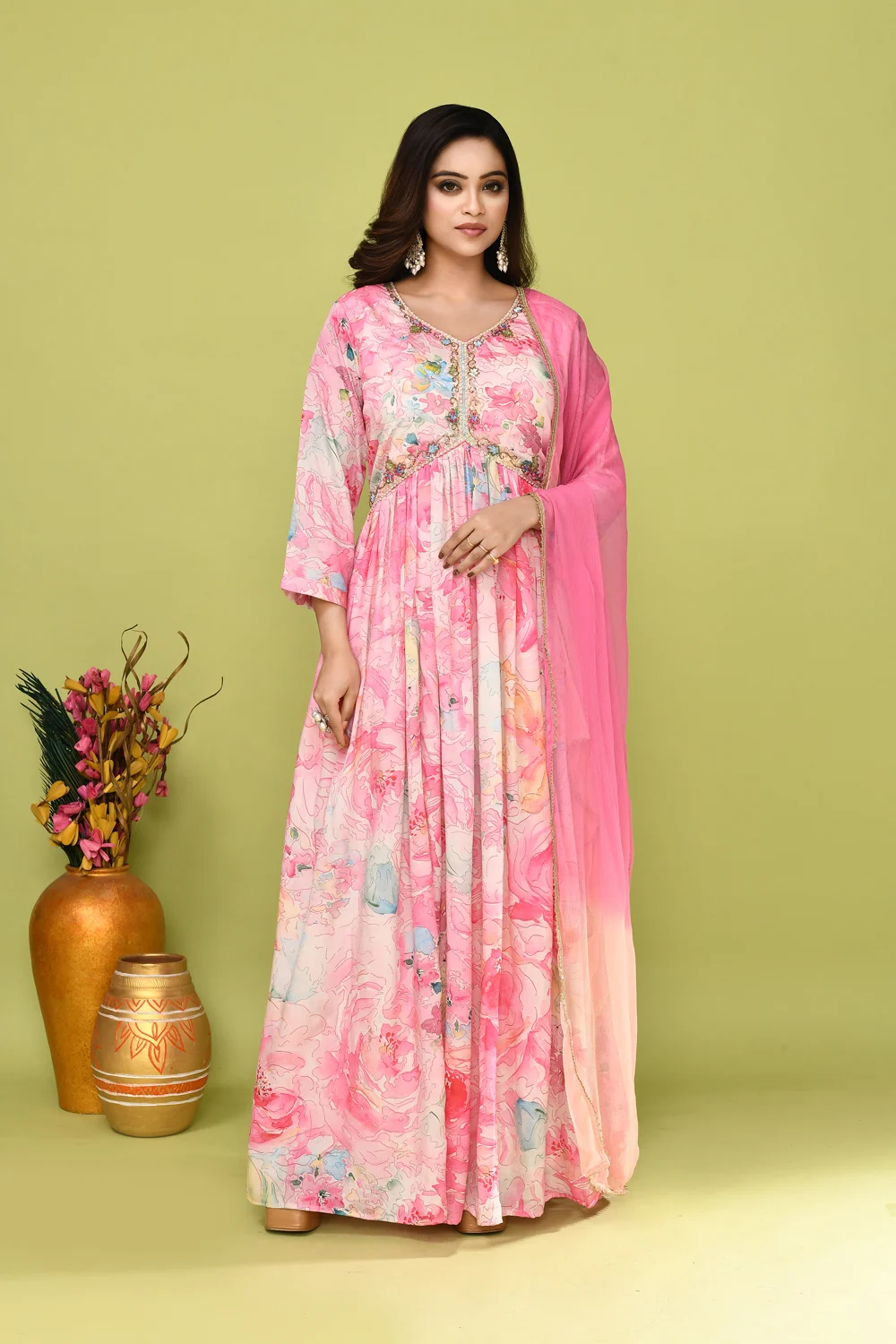 Pink Multicolour Chinnon Long Gown