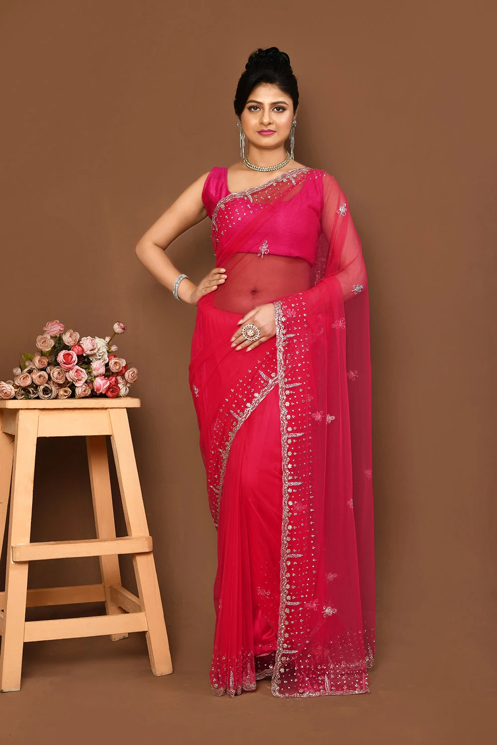 Pink Net Designer Party Wear Saree