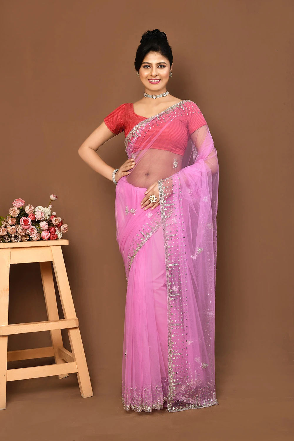 Pink Net Embellished Saree