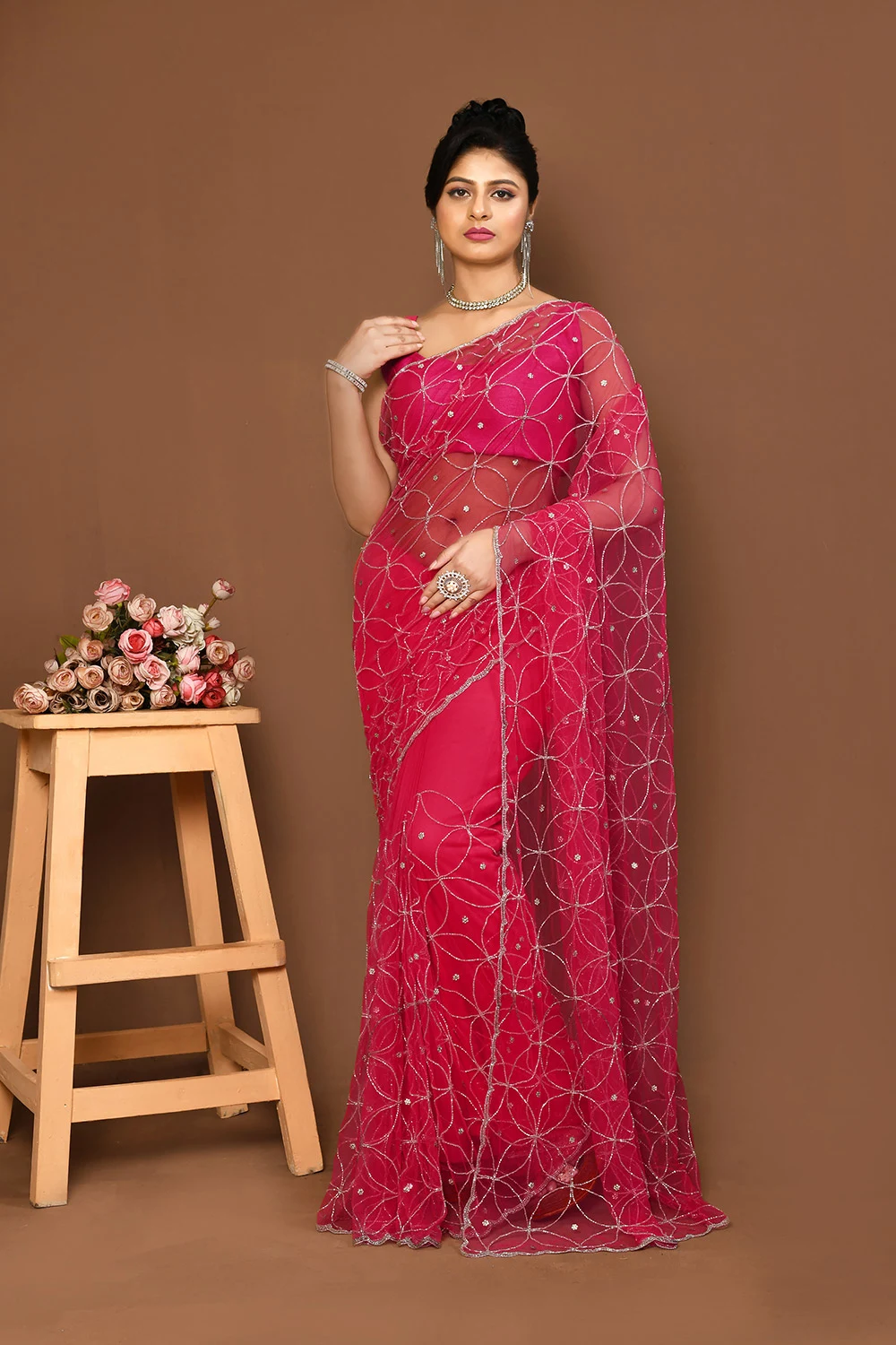Pink Net Embellished Saree