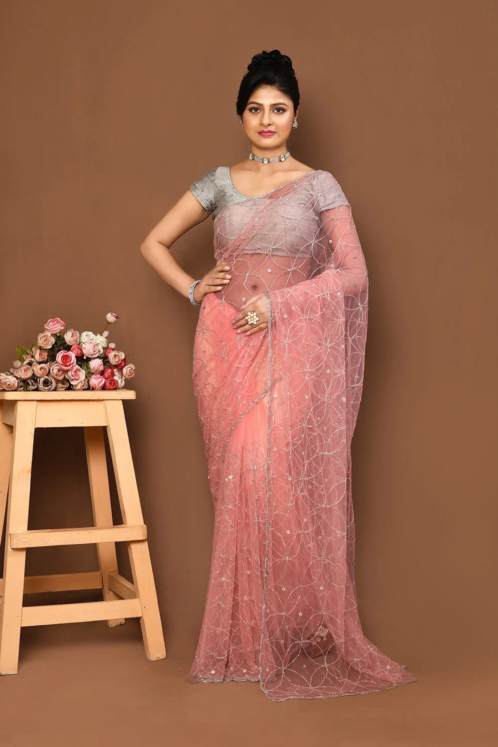 Pink Net Party Wear Saree