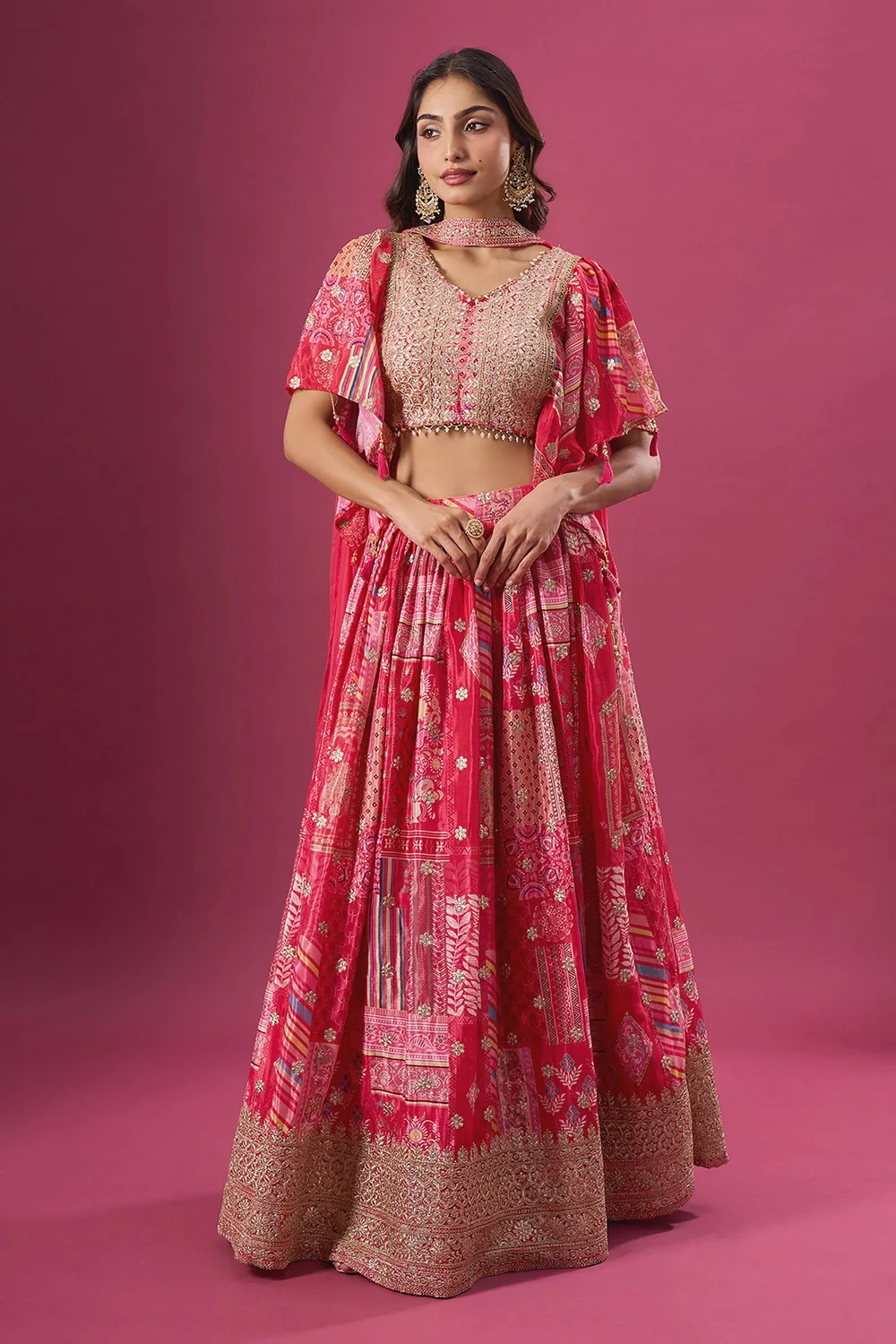 Pink Printed Zari Embroidered Lehenga Set