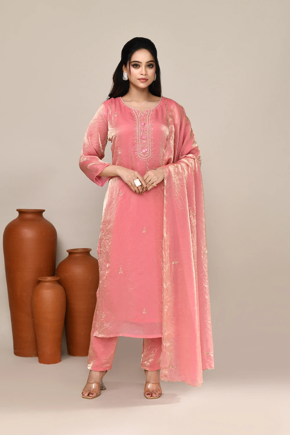 Pink Satin Embroidered Kurta Set