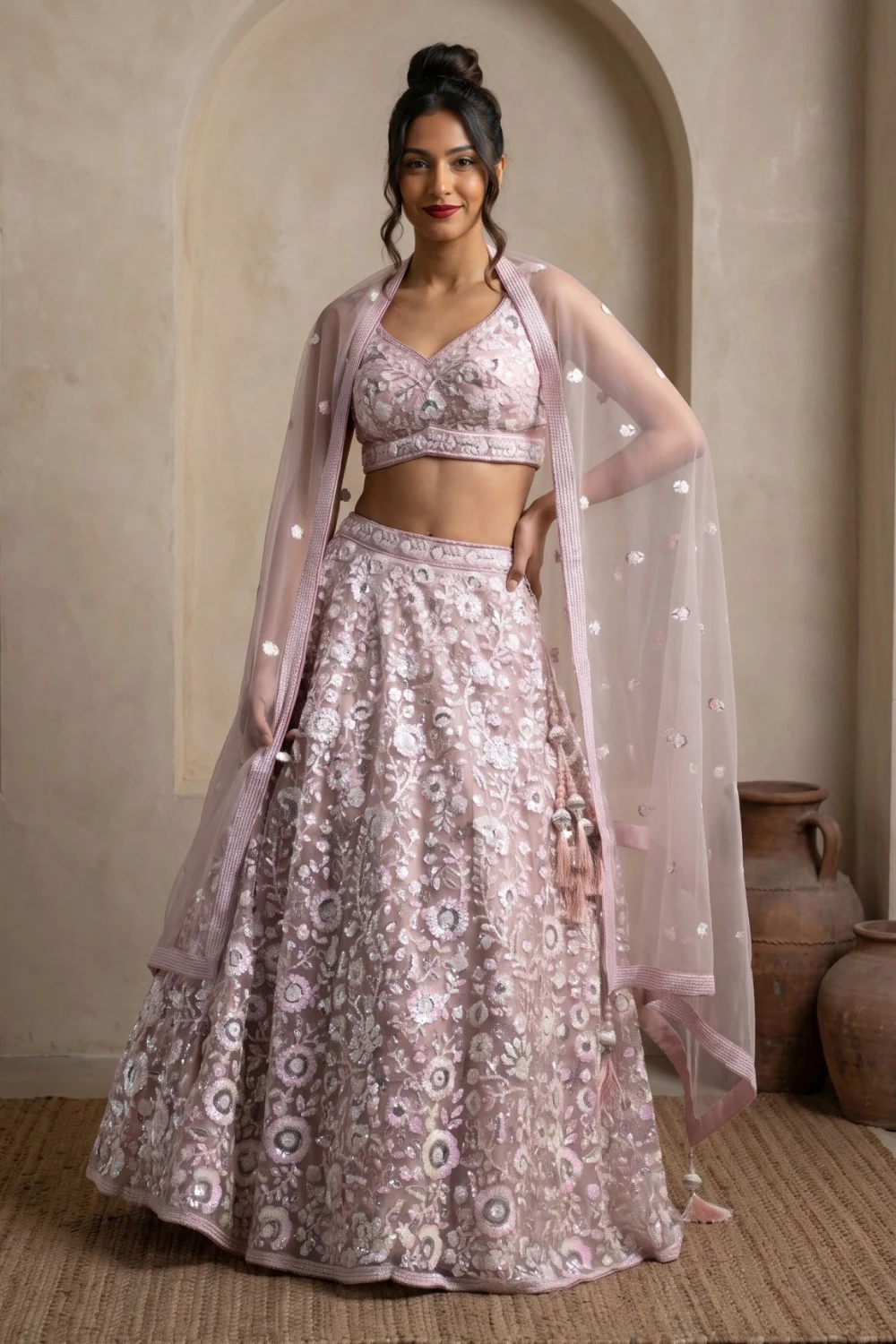 Pink Thread Sequins Lehenga Set